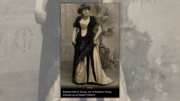 A drag performer is wearing a dress in a black and white photograph. It says at the bottom, "Brigham Morris Young, son of Brigham Young, dressed up as Madam Pattrini."