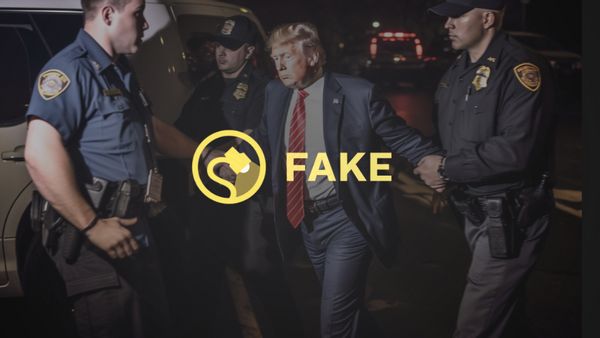 A man in a suit is walking forward, held by two police officers. Another has grabbed his hand. The word "Fake" is over the image.