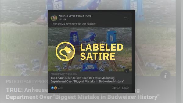 A post that claims the entire marketing team for Anheuser-Busch was fired has a "Labeled Satire" rating over it.