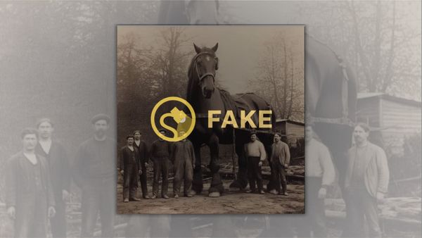 A picture of a gigantic horse surrounded by several people has a fake overlay on it.