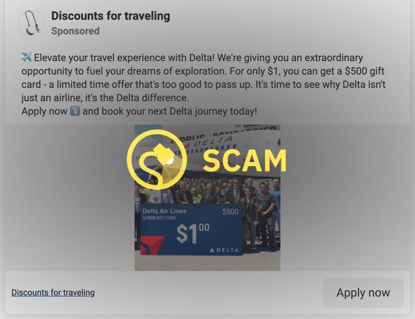 Delta Air Lines or Airlines was not giving away in a promotion $500 gift cards for $1 or $100 rewards for taking a short emailed survey.