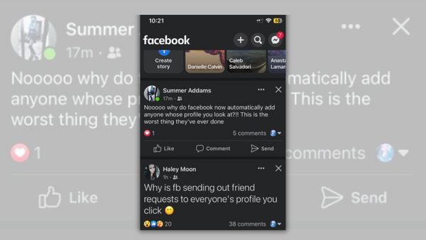An image shows various Facebook users saying the social media platform was sending friend requests to profile pages the user clicked on.