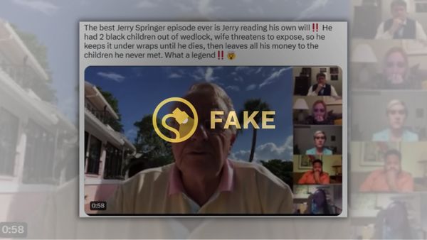 A tweet that claims Jerry Springer left his fortune to two secret Black children he had out of wedlock is labeled Fake.