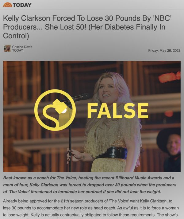 Kelly Clarkson was not forced by NBC or the producers of The Voice to lose 30 pounds, nor did she ever endorse keto ACV gummies.