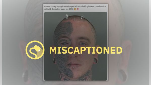 A photo of a white man claimed to be a Harvard morgue employee charged with trafficking human remains is labeled Miscaptioned.