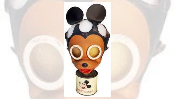 A gas mask that is designed to look like Mickey Mouse is pictured.