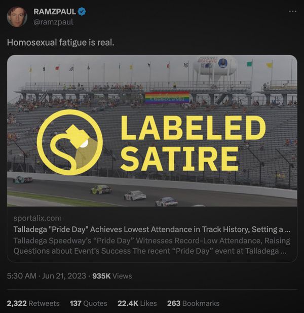 A rumor claimed that Talladega Superspeedway held a Pride Day that achieved the lowest attendance in the Alabama track's history.