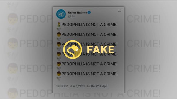 A tweet that claims the U.N. said pedophilia is not a crime is labeled fake.