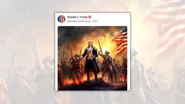 A Truth Social post from Donald Trump depicts him during the Revolutionary War, with him wearing a blue and white uniform and soldiers surrounding him.