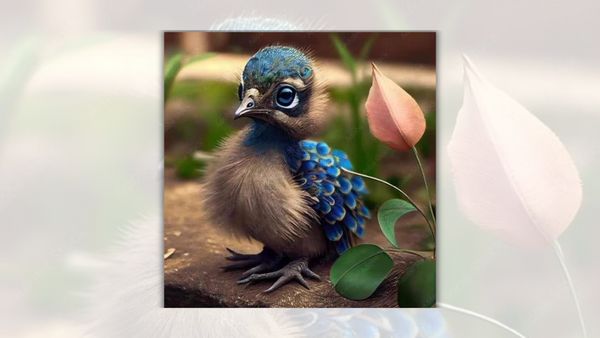 A claimed photo of a blue baby bird is shown standing on the ground outside.