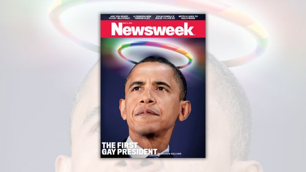 A Black man looks forward with a rainbow halo surrounding his head. Above the halo, it says Newsweek and is dated May 21, 2012. In the left cover, it says "The First Gay President by Andrew Sullivan."