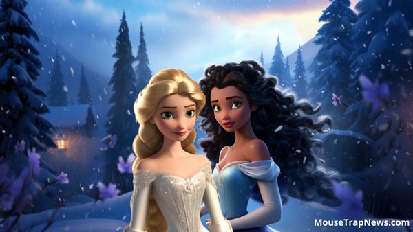 A white woman wearing a white dress stands next to a Black person wearing a blue dress. They are standing outside in the snow. Trees surround them, and you can see a cabin on the left side of the screen.