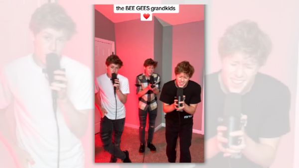 Three white men stand in a room with pink lighting. They hold microphones. At the top of the screen, it says, "the BEE GEES grandkids."