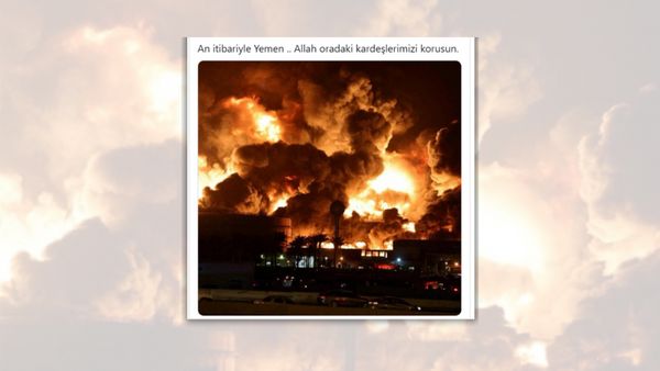 An image of a huge explosion at a building is captioned, 