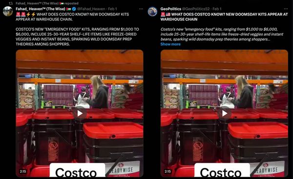 A false rumor said that Costco had just begun stocking emergency food kits, apparently for doomsday reasons or some other sort of apocalypse.