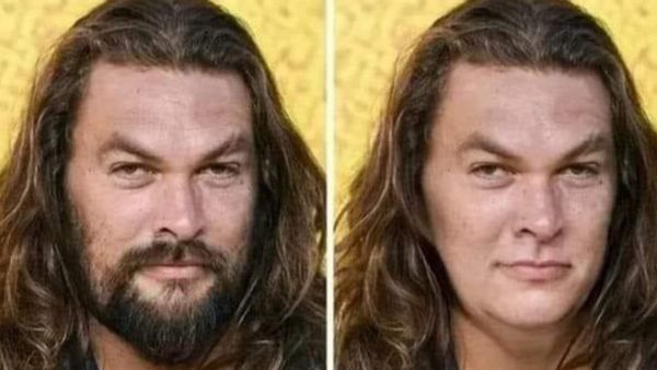 The same Polynesian man appears twice on an image. He has a beard on his left side, while he doesn't have a beard on the right side.