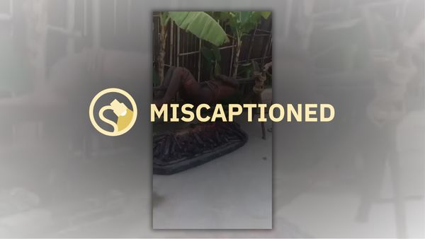 An overlay that says Miscaptioned is placed over an image that claims to show a person being slow-cooked over an open fire.