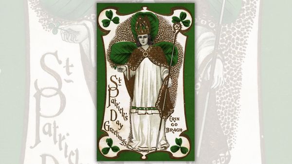 Green St. Patrick's Day postcard, with gold embossed detail. Illustration depicts an image of St. Patrick holding a shamrock. The words "ERIN GO BRAGH" (long live Ireland) appear in the lower right corner. 