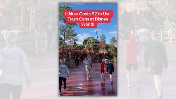 White text says, "It Now Costs $2 to Use Trash Cans at Disney World!" Below, you can see people walking around outside.