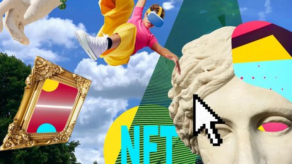 An image shows a lot of very online stuff, like NFTs and a mouse clicking on a Greek statute. Above the NFT, a kid is wearing a virtual reality headset. Below, a mirror is shown, while at the top left a hand is shown.