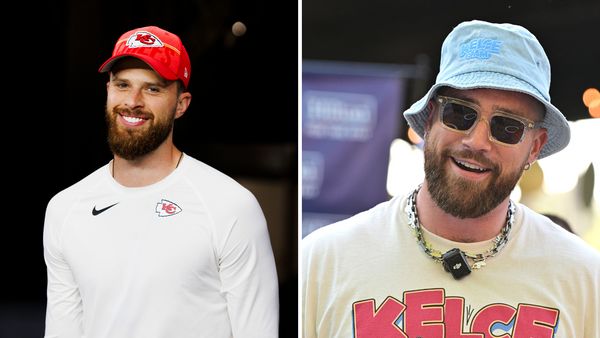 Two white men are shown next to each other. One is wearing a red hat that says KC on it, while the other is wearing sunglasses and a denim bucket hat.