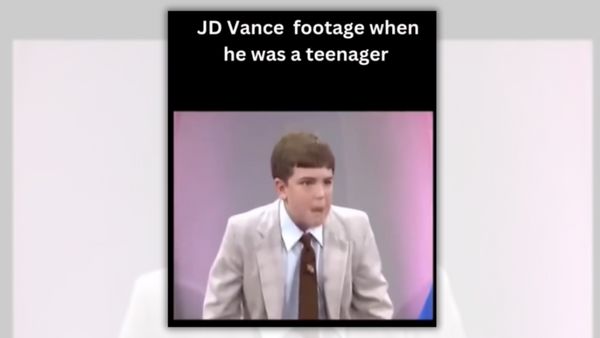An image claims to show a white boy wearing a white suit standing. The caption says, "JD Vance  footage when he was a teenager."