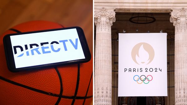 A phone shows an image that says DIRECTV on top of a basketball. Next to it is a sign that says PARIS 2024 on top of five different colored rings.