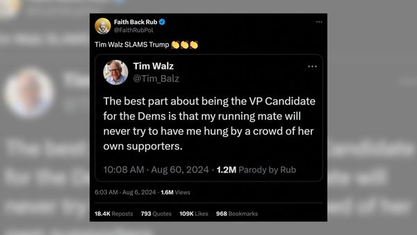 A fake X post screenshot claimed Minnesota Governor Tim Walz posted the words, The best part about being the VP candidate for the Dems is that my running mate will never try to have me hung by a crowd of her own supporters.