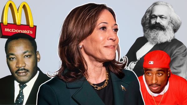 A Black South Asian woman is pictured in the center of an image. Surrounding her from left to right is a Black man wearing a suit, a yellow and red logo that say's McDonald's, a black-and-white image of a white man wearing a black suit and a Black man wearing a red shirt and backwards baseball cap.