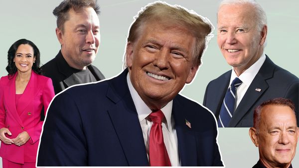A white man wearing a blue suit smiles. Surrounding him is a Black woman wearing a pink suit, a white man wearing a black top, a white man wearing a blue suit, and the face of a white man in the right corner.