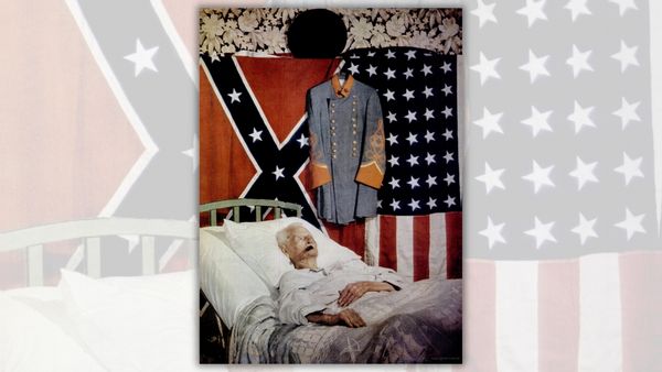 A white man lies on his bed. Above him is a blue uniform and a red flag with blue stripes in a "X" with white stars going through it.