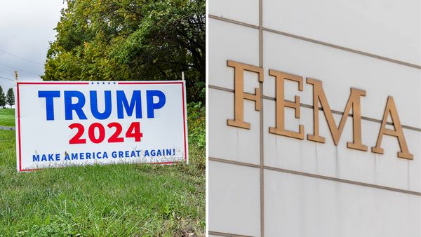 A sign that says TRUMP 2024 MAKE AMERICA GREAT AGAIN! is next to a gold sign that says FEMA.