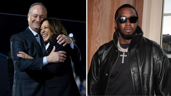 A Black South Asian woman hugs a white man in an image on the left. On the right, a Black man wearing a Black jacket and shirt is shown.