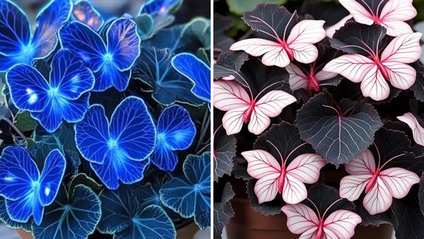 Two different flowers are show. On the left are blue flowers, while on the right are pink flowers that look like butterflies.