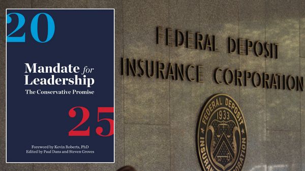 An image that represents Project 2025 is next to a building that says FEDERAL DEPOSIT INSURANCE CORPORATION.