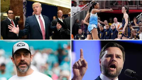 From clockwise, a white man raises his hands surrounded by other people, a Black woman holds out her left arm as a white woman looks on, a white man raises his index finger while speaking in front of a microphone and a white man stands while wearing a white shirt.