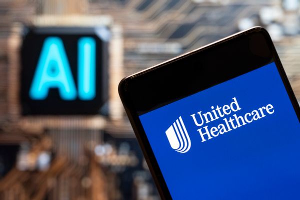 In this photo illustration, the American multinational managed healthcare and insurance company UnitedHealthcare logo, a white sans serif font on a blue background, seen displayed on a smartphone with a blue Artificial intelligence (AI) chip and symbol in the blurred background.
