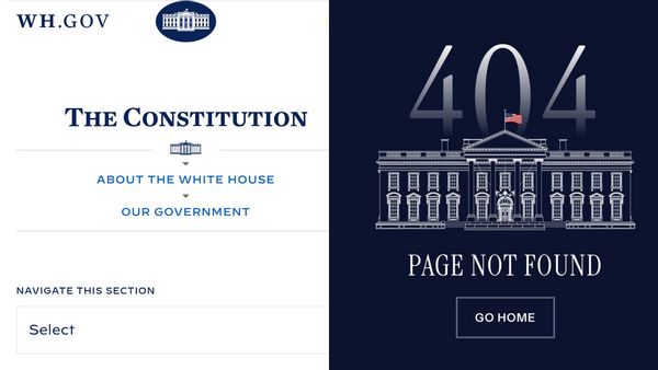 A webpage showing the U.S. government page for the Constitution is shown next to a webpage that says it wasn't found.