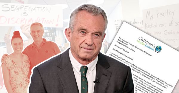 A white man wearing a gray suit is at the center of the image. To the left is a white man with his arm around a Asian woman, while the right side shows a letter from the Children's Health Defense. In the back, signs protesting vaccines can be seen.