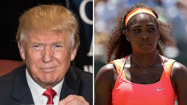 A white man wearing a black suit is pictured next to a Black woman wearing an orange headband and pink and orange sports top.