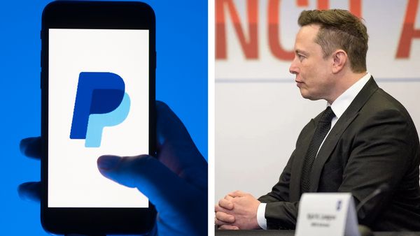 A photo of a person using an app with a dark and blue P on top of each other is pictured next to a white man wearing a black suit.