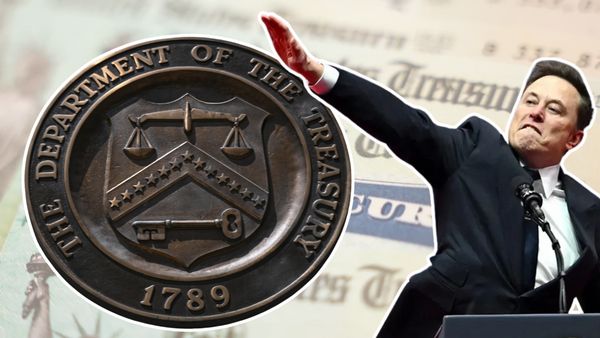 A logo showing the department of the Treasury is next to a white man wearing a black suit behind a podium. Behind the images is an image that shows Social Security cards.