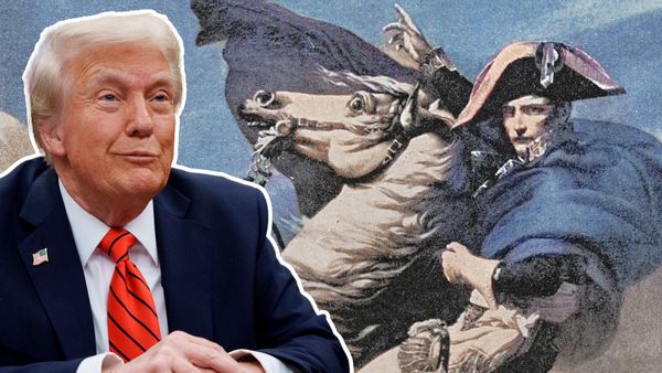 A white man wearing a blue suit is pictured next to a painting of a white man on a horse.