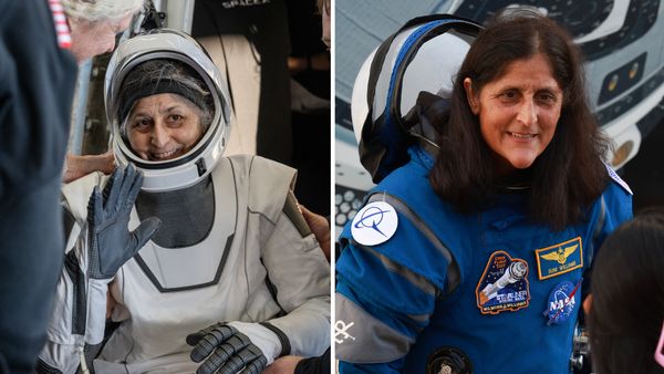 An woman of Indian and Slovenian heritage appears in two different images. On the left, she is wearing a white astronaut suit and her hair is grey. On the right, the same woman has dark brown hair and is wearing a blue shirt with various logos on it.