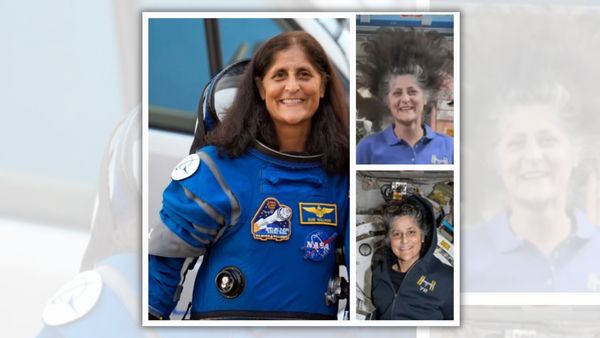 A woman of Indian and Slovenian descent is pictured wearing a blue uniform. On the left, her hair is dark, while on the right two photos show her hair being gray.