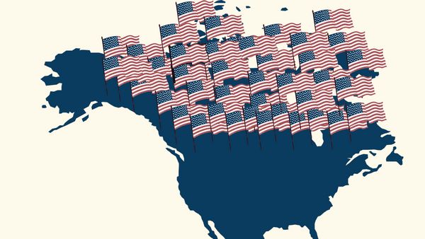 A map of Canada and America has many tiny American flags planted upon it.