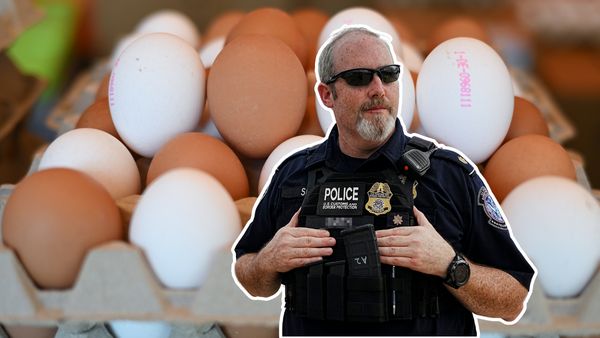 In this photo collage, a U.S. Customs and Border Patrol official with greying hair is wearing sunglasses and a labeled armored vest with his hands tucked in the vest. In the backdrop are cartons of eggs.
