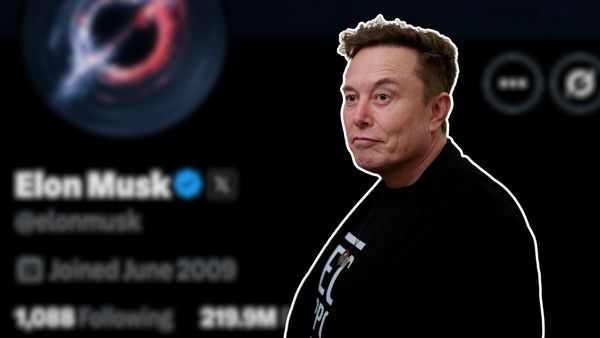 An image of Elon Musk, a white man with short brown hair in a black shirt, with a blurred-out version of his X profile as the backdrop in this illustration. 