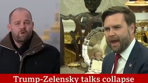 A white man stands next to a white man pictured speaking while sitting down. At the bottom, white text says, "Trump-Zelensky talks collapse."
