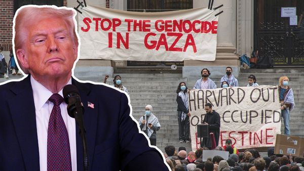 A white man wearing a dark blue suit is pictured next to signs that say STOP THE GENOCIDE IN GAZA and other pro-Palestine signs.